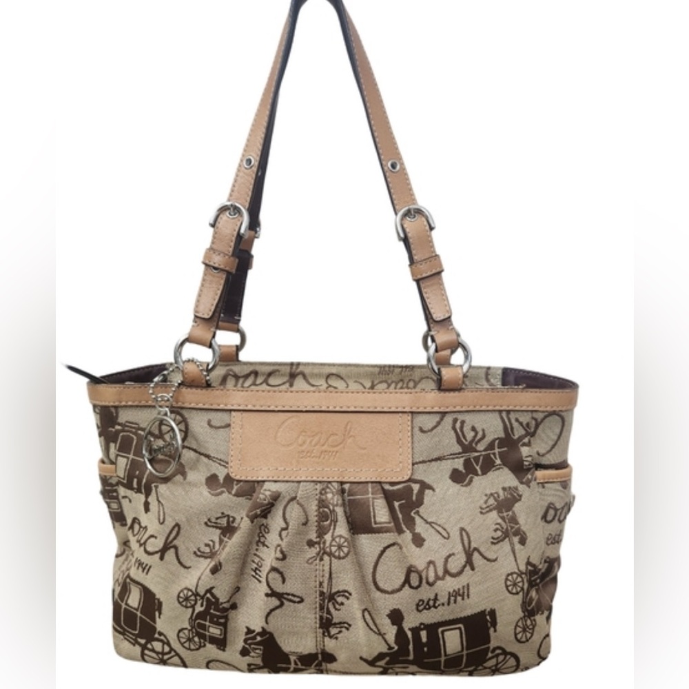 VINTAGE Coach Horse & Carriage brown canvas and leather trim tote bag